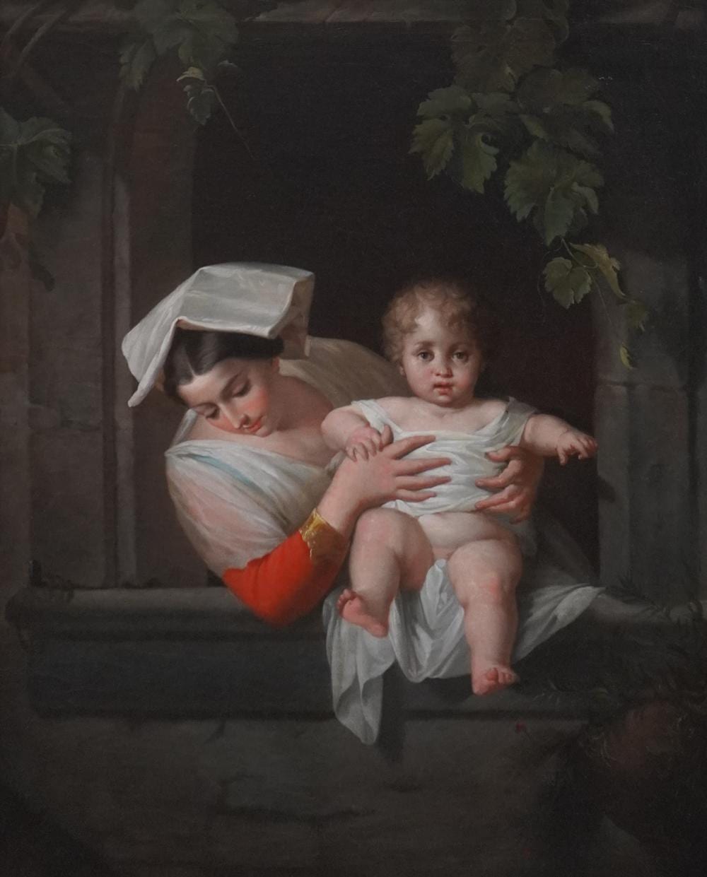 Attributed to Giuseppe Mazzolini (Italian 1806-1876), Mother and Child By the Window, Oil on Canvas, Frame: 27 1/2 x 22 3/4 in. (69.9 x 57.8 cm.) sold by Weschler's, lot 417 — auction record photograph