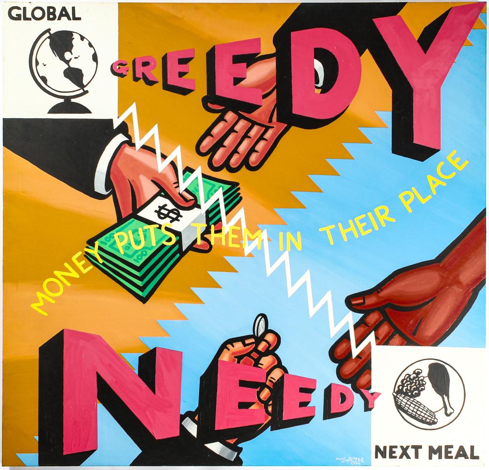 Mason Rader comparable auction result: mason rader american b 1961 greedy needy large acrylic on canvas painting