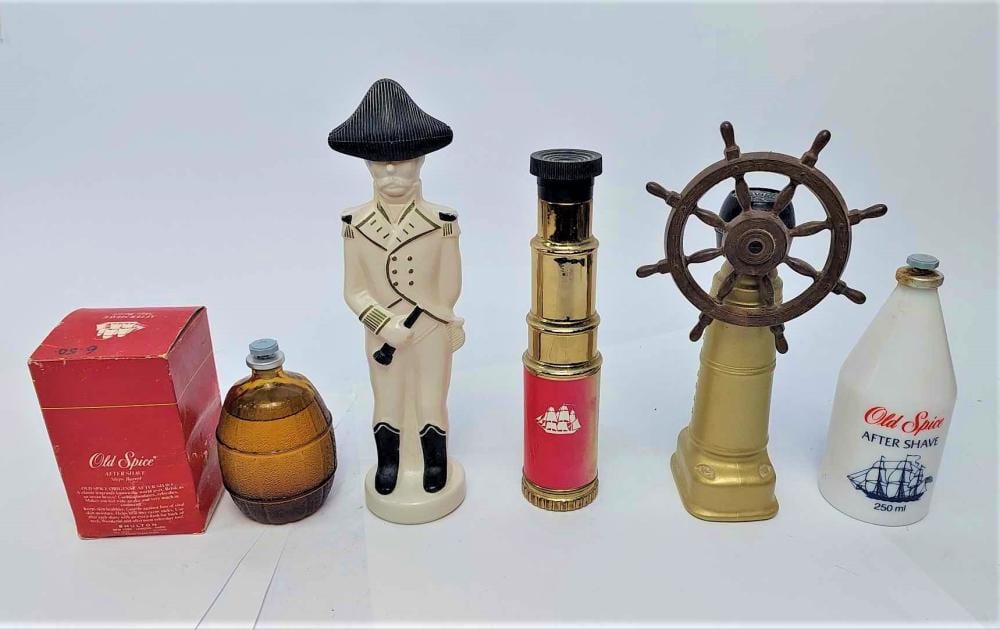 Five Vintage Old Spice Decanters & Bottles, Including Admiral, Ships Wheel, Ships Barrel & Telescope sold by Theodore Bruce Auctioneers & Valuers, lot 2013 — auction record photograph