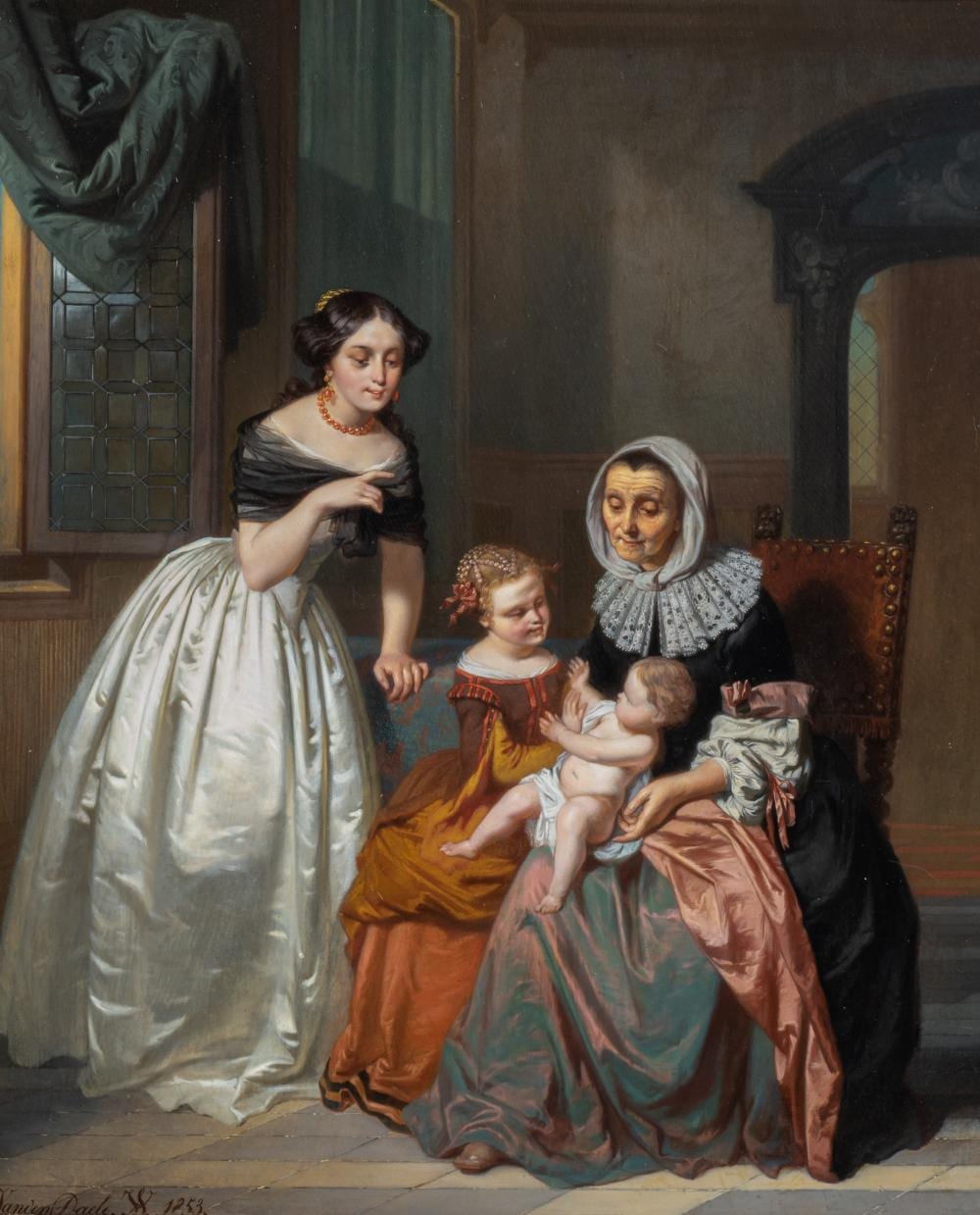 Casimir van den Daele comparable auction result: casimir van den daele 1818 1880 a visit from grandma 1853 oil on panel 63 x 52 cm 24 8 x 20 4 in frame 76 x 65 cm 29 9 x 25 5 in
