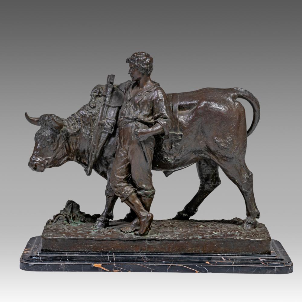 Léon Mignon comparable auction result: l on mignon 1847 1898 farmer resting with his ox patinated bronze on a marble base h 51 55 w 60 70 cm without with base