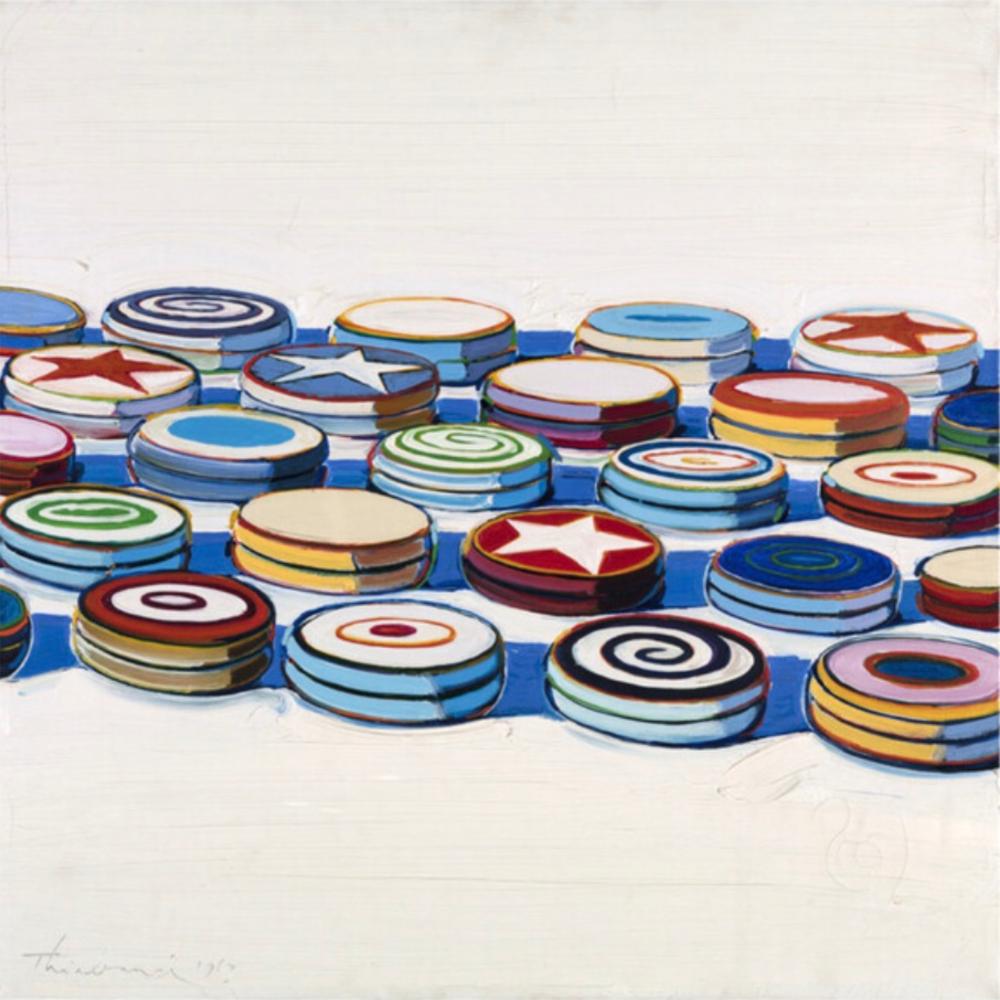 Color offset lithograph showing a scattered group of round target-like stacks in blue, red, and green, with star and spiral motifs on a white background.
