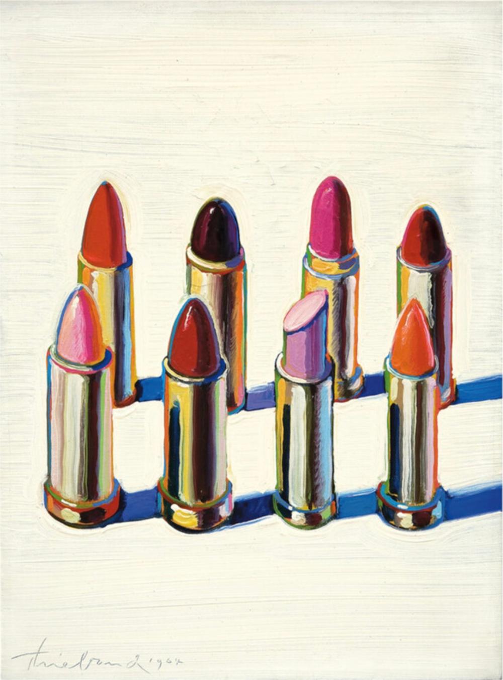 Colorful illustration of several lipstick tubes with red, pink, and orange lipstick tips arranged in rows against a light background.