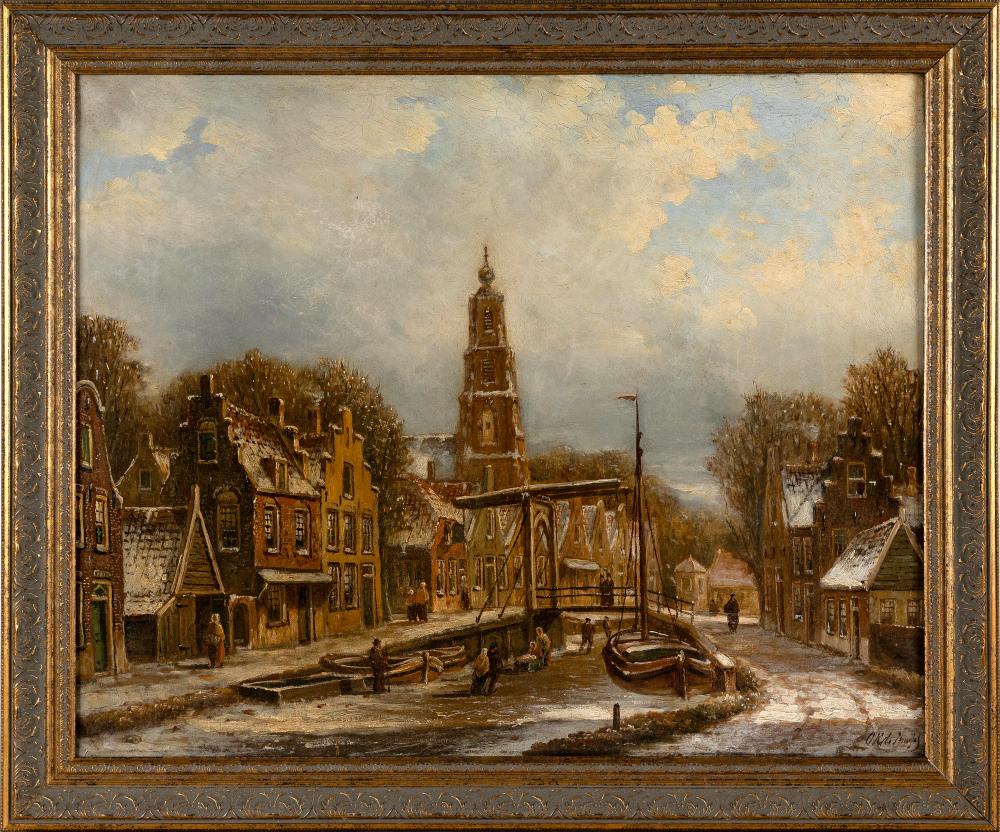Oene Romkes de Jong comparable auction result: oene romkes de jong the netherlands 1892 1916 dutch street scene with canal oil on canvas 21 x 27 framed 25 5 x 30 5