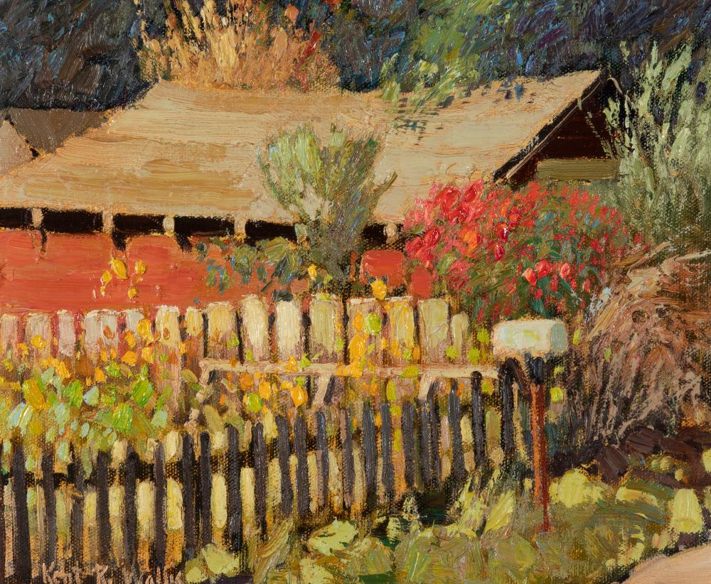 kent r wallis the red garage 1989 · Santa Fe Art Auction · 2024-05-08 Kent R Wallis comparable auction result: kent r wallis the red garage 1989