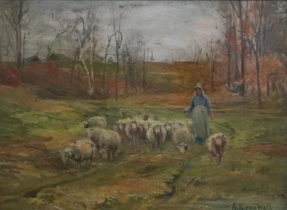 Alfred Bryan Wall comparable auction result: alfred bryan wall american 1861 1935 shepherdess with flock signed a bryan wall oil on panel frame 13 x 17 in 33 x 43 2 cm