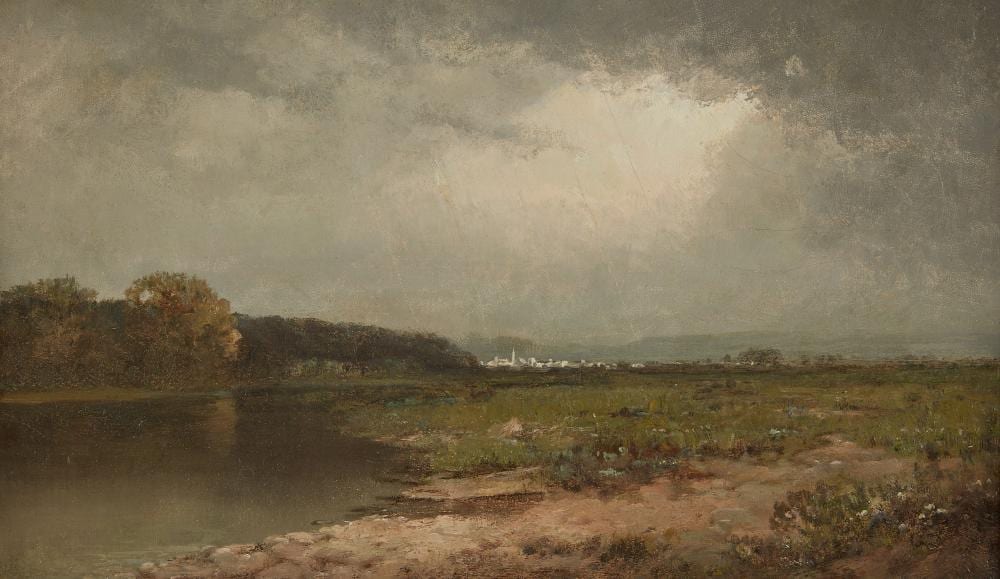 Lemuel Maynard Wiles comparable auction result: lemuel maynard wiles american 1826 1905 landscape with village and pond 1881 oil on canvas 12 1 4 x 20in 31 x 51cm