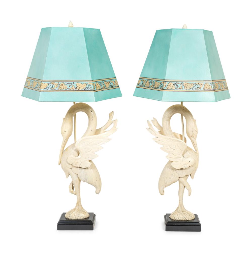 A Pair of White-Painted Carved Crane Lamps sold by Hindman, lot 110 — auction record photograph
