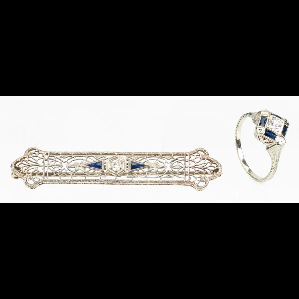 Auction comp thumbnail for Ladies Vintage and Antique Jewelry. Fine 18K White Gold, Diamond & Sapphire Ring plus an Antique Platinum & Diamond Pin (Goldberg Coins & Collectibles, Lot 39)