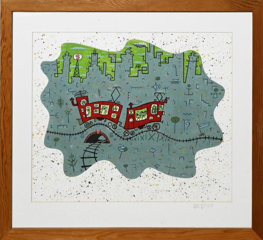 Jeff Raglus comparable auction result: jeff raglus getting close for trip to town 1993 acrylic on oilskin paper initialled and dated on mount lower right titled and
