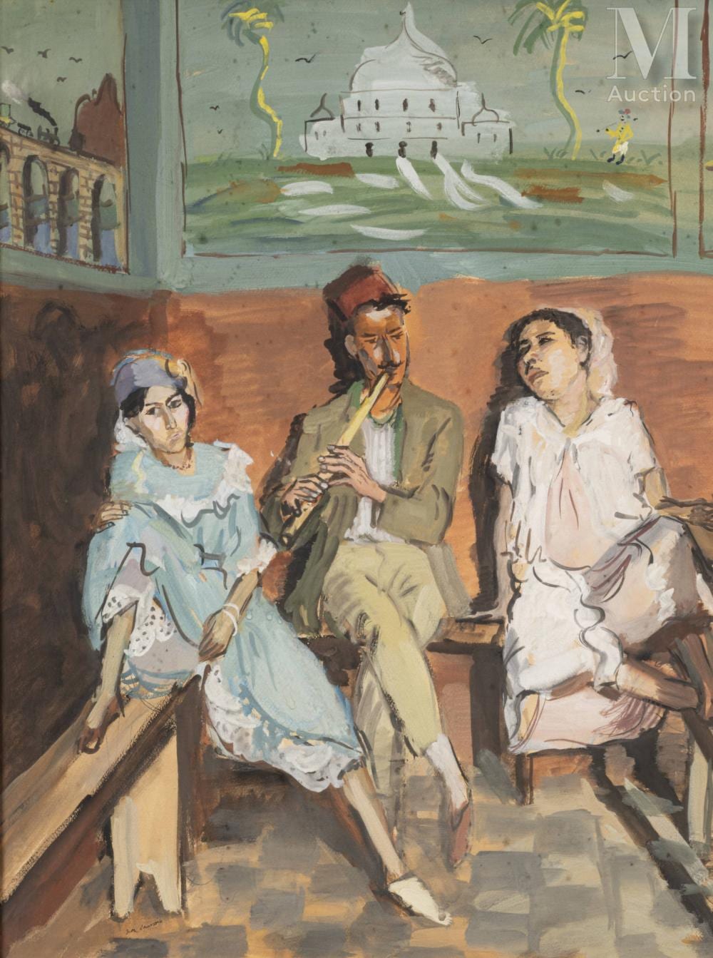 Jean Launois comparable auction result: jean launois les sables d olonne 1898 alger 1942 oriental flute player with two women