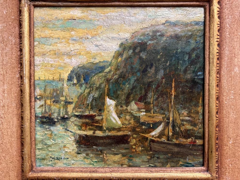 Paul King comparable auction result: paul king oil on board of a seascape with sail boats and grassy cliffs