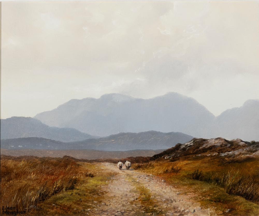 Eileen Meagher comparable auction result: eileen meagher b 1946 sheep on roundstone bog 1990 oil on canvas 25 5 x 30 5cm 10 x 12 signed also signed and inscribed verso