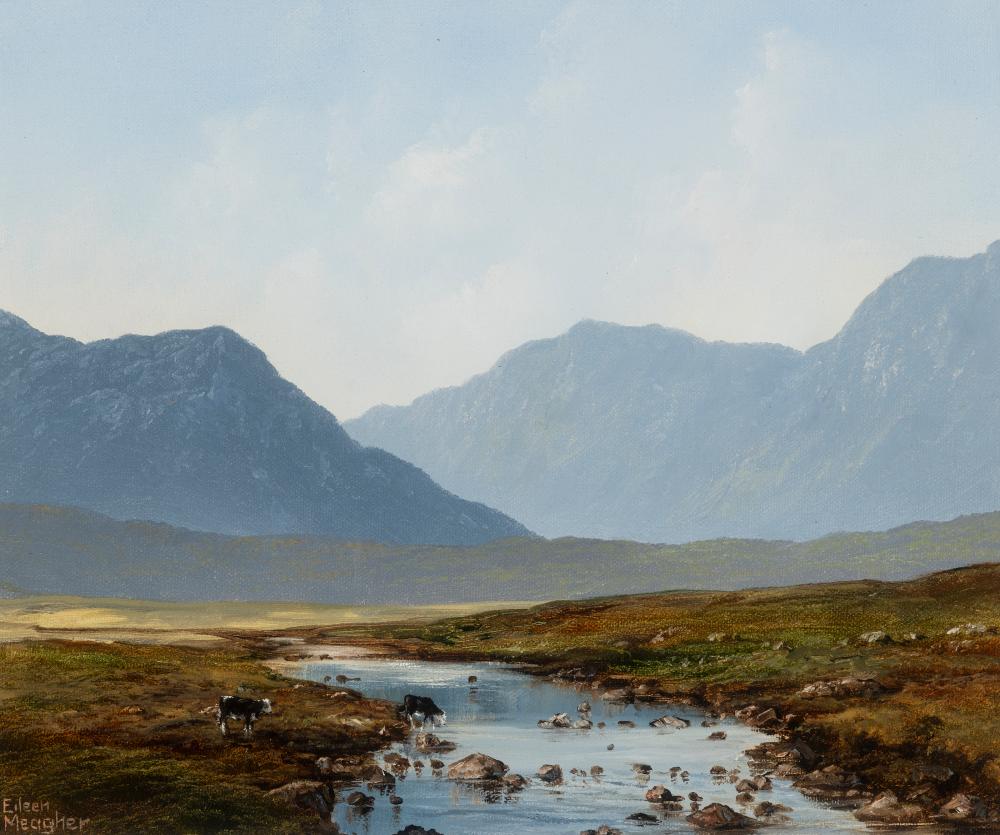 Eileen Meagher comparable auction result: eileen meagher b 1946 cattle at inagh valley 1990 oil on canvas 25 5 x 30 5cm 10 x 12 signed also signed and inscribed verso