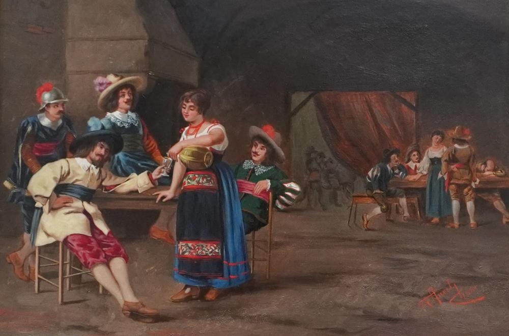 Giuseppe Aureli comparable auction result: giuseppe aureli italian 1858 1929 tavern scene 1881 oil on panel frame 22 1 2 x 28 in 57 2 x 71 1 cm