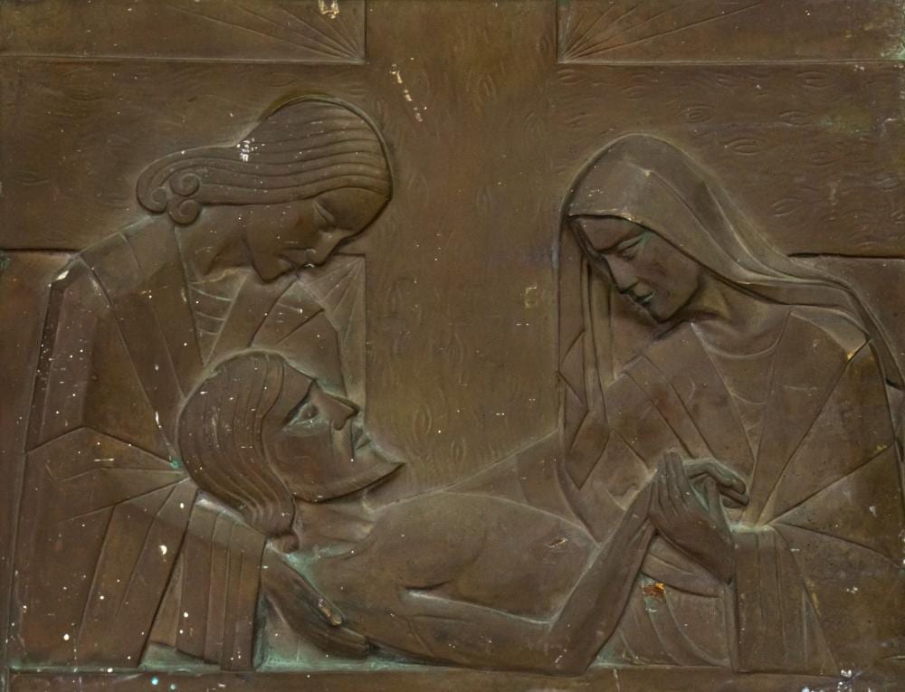 Sylvain Norga comparable auction result: sylvain norga belgian 1892 1968 virgin mary saint john and jesus bronze relief