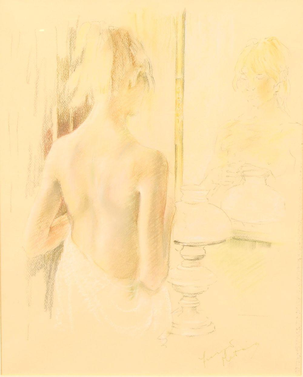 Franco Matania comparable auction result: franco matania bn naples italy 1922 2006 reflection female nude signed paper label to verso pastel 42 5cm x 34cm