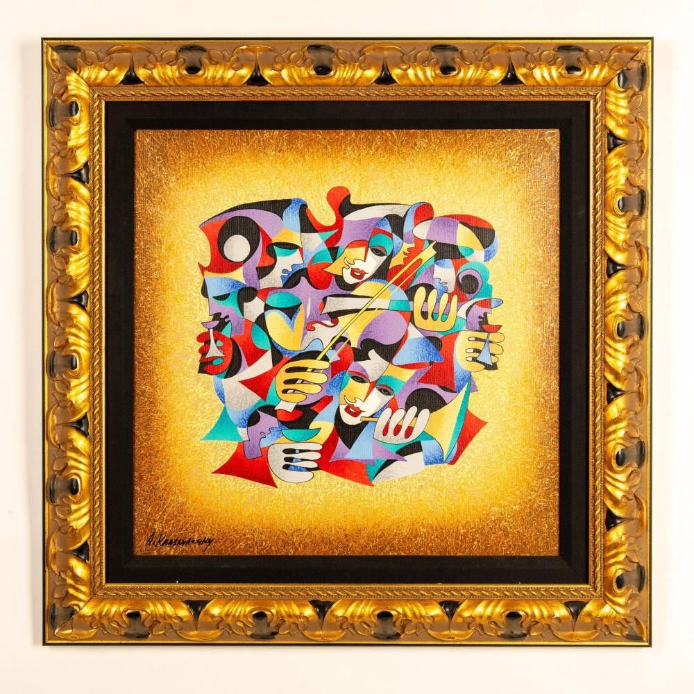 Color serigraph print in a gold ornate frame showing a stylized abstract collage of musical instruments and human faces, on a warm golden background.