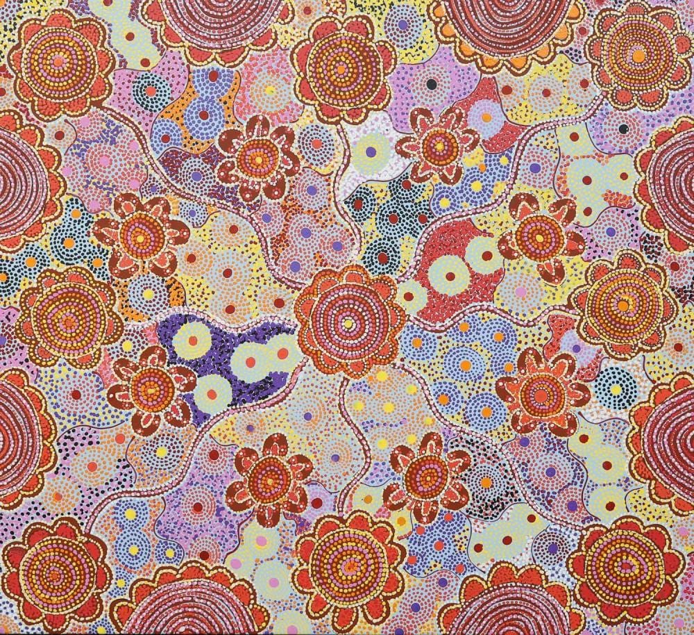 Helen Pula Rubuntja comparable auction result: helen rubuntja bush seeds acrylic on canvas painted in 2023 comes with certificate of authenticity artwork is stretched and ready to hang 105cm x 115cm