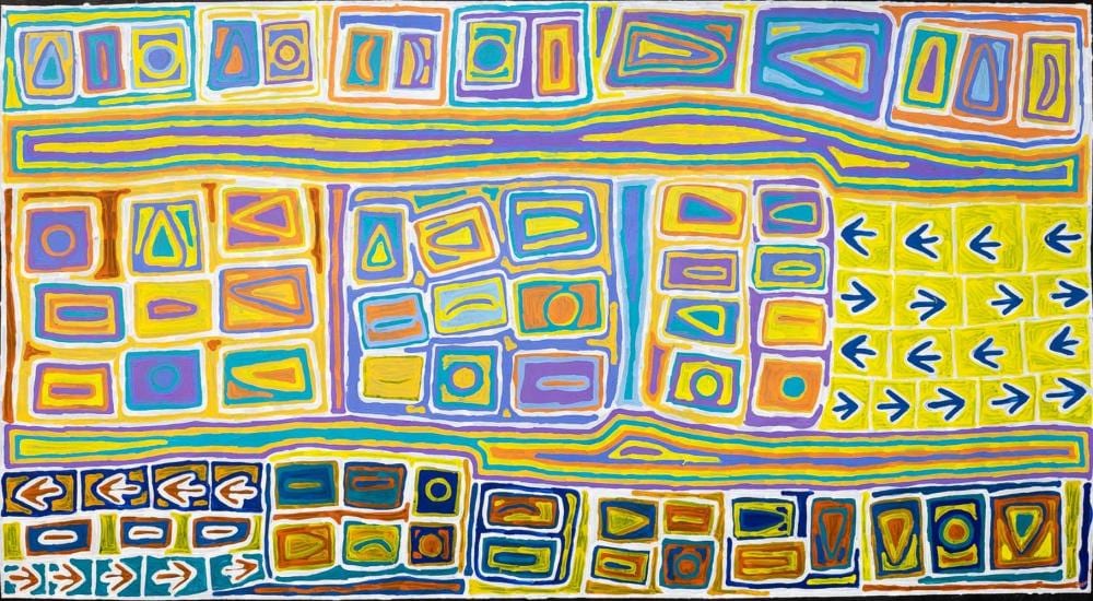 felicity robertson nampitjinpa soakage acrylic on canvas painted 2021 comes with certificate of authenticity artwork is stretched and ready to hang 110cm x 202cm · Ozbid Auctions · 2024-05-19 Felicity Robertson comparable auction result: felicity robertson nampitjinpa soakage acrylic on canvas painted 2021 comes with certificate of authenticity artwork is stretched and ready to hang 110cm x 202cm
