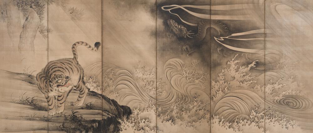 A SUPERB KANO SCHOOL SIX-PANEL ‘TIGER AND DRAGON’ BYOBU SCREEN sold by Galerie Zacke, lot 303 — auction record photograph