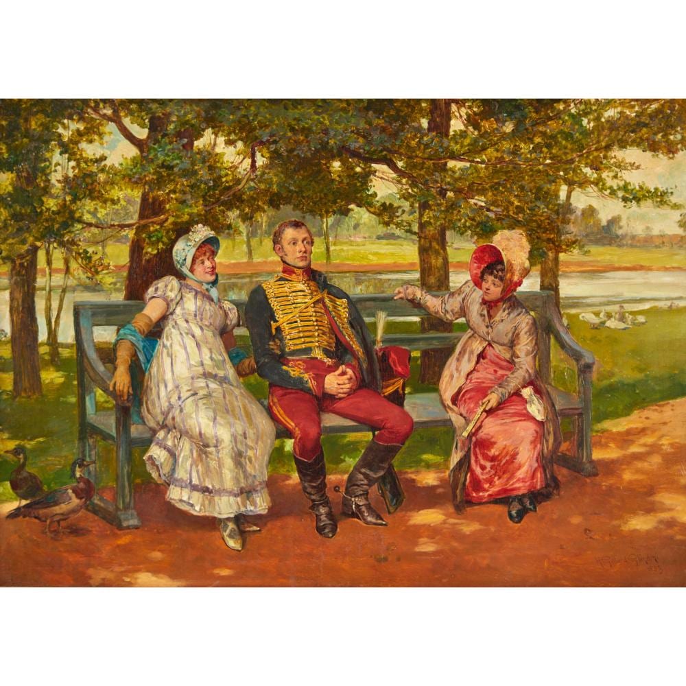 Henry Gillard Glindoni comparable auction result: henry gillard glindoni 1950 1913 soldier and two girls on a park bench