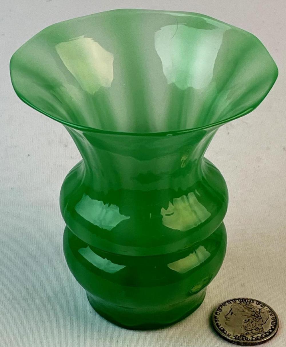 RARE Antique c. 1920 Frederick Carder Signed Steuben Jade Uranium Blown Glass Vase GLOWS sold by One Source Auctions, lot 220A — auction record photograph