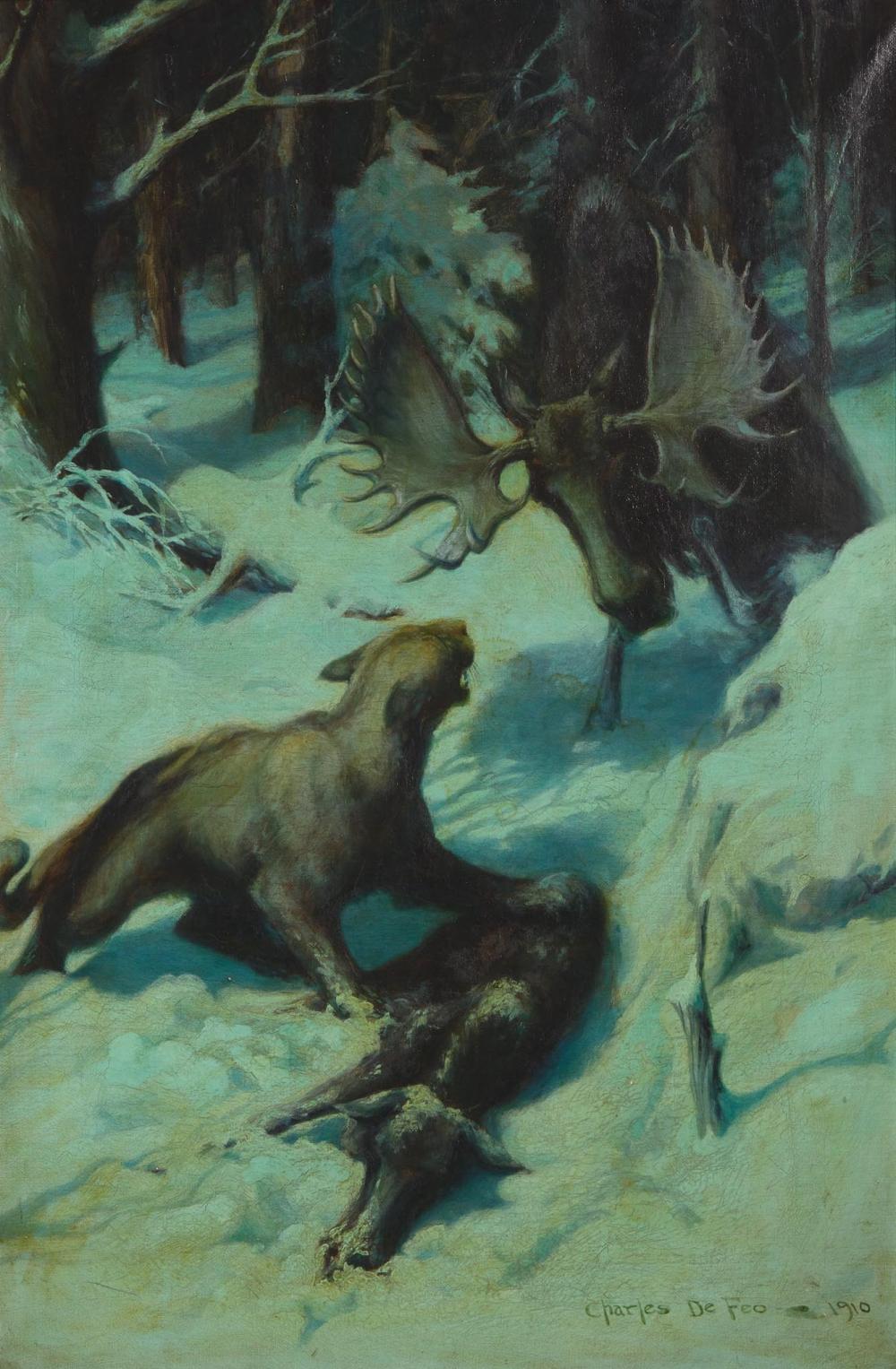 Charles de La Fosse comparable auction result: charles de feo american 1892 1978 mountain lion attacking a moose