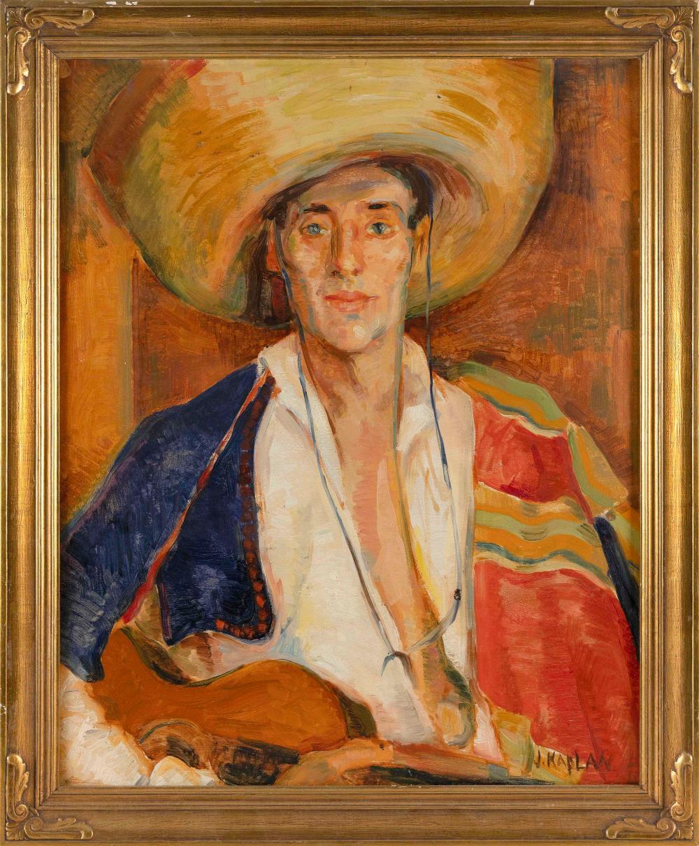 Joseph Kaplan comparable auction result: joseph kaplan new york massachusetts russian federation 1900 1982 portrait of man in a sombrero oil on board 30 x 24 framed 34 x 28