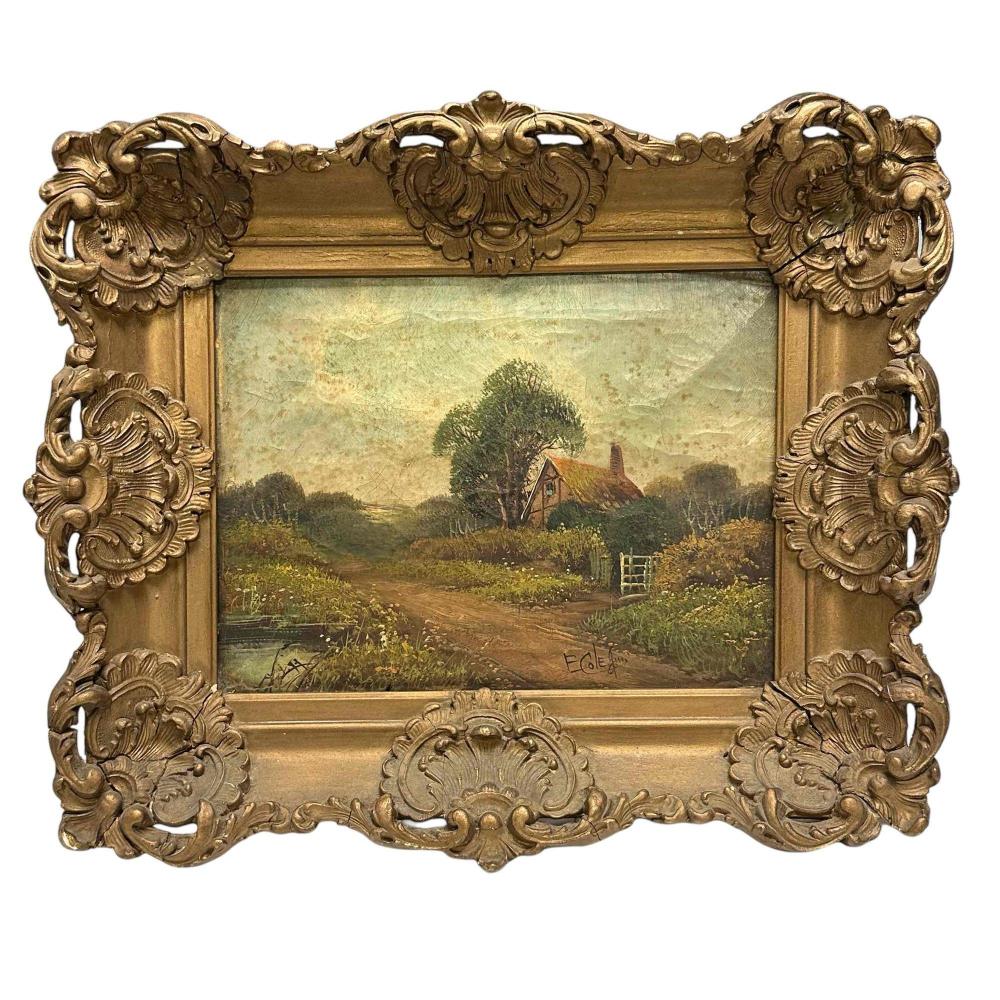 Auction comp thumbnail for E. Cole Antique British Cottage Scene Oil Painting on Canvas (Premier Auction Galleries, Lot 244)