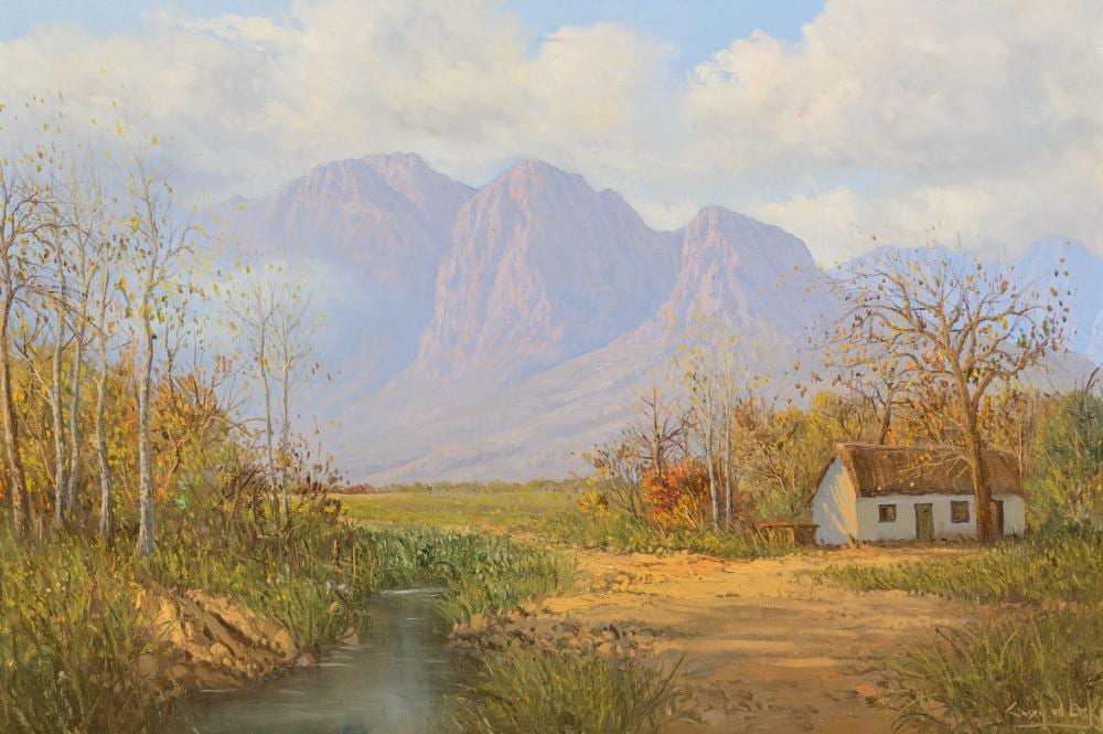 Casey Van Der Leek comparable auction result: casey van der leek sa born 1970 oil mountain landscape with cape cottage signed 60 x 90