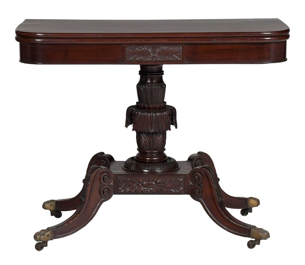 American Classical Carved Mahogany Pedestal Card Table sold by Brunk Auctions, lot 139 — auction record photograph