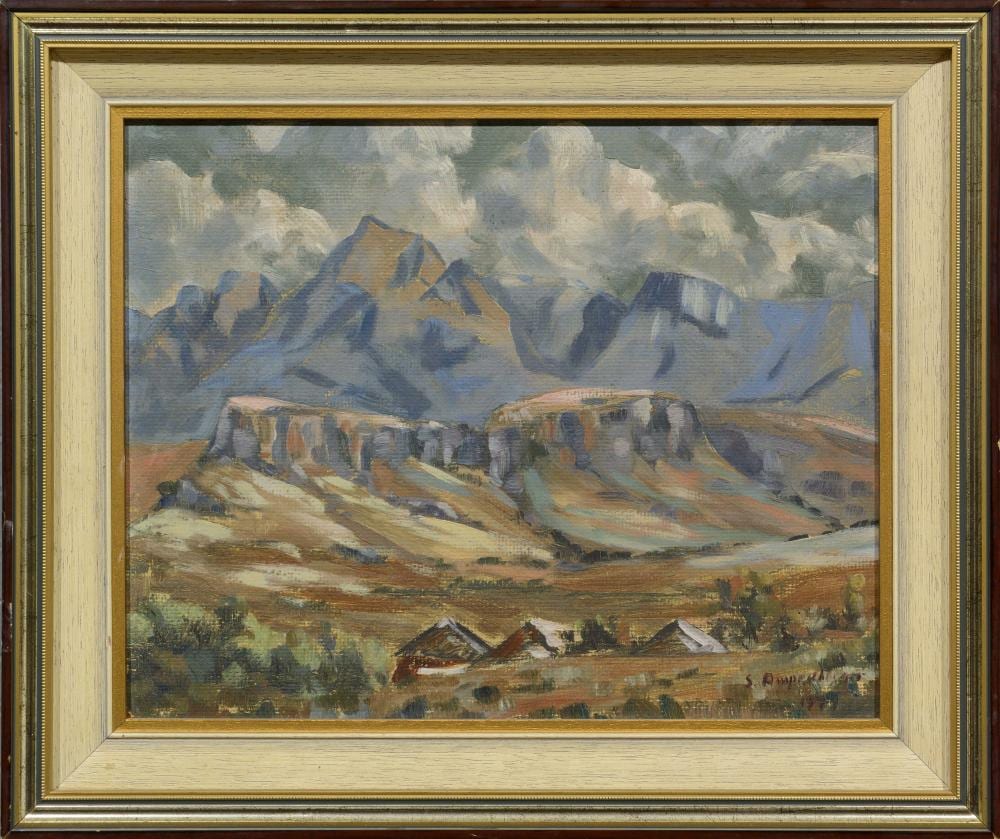 Stefan Ampenberger comparable auction result: stefan ampenberger sa 1908 1983 oil drakensberg landscape with huts signed dated 1949 27 x 34