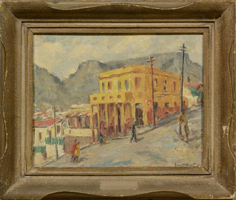 Ernest Knight comparable auction result: ernest knight 1915 1995 oil malay quarter cape town signed titled verso 28 x 35