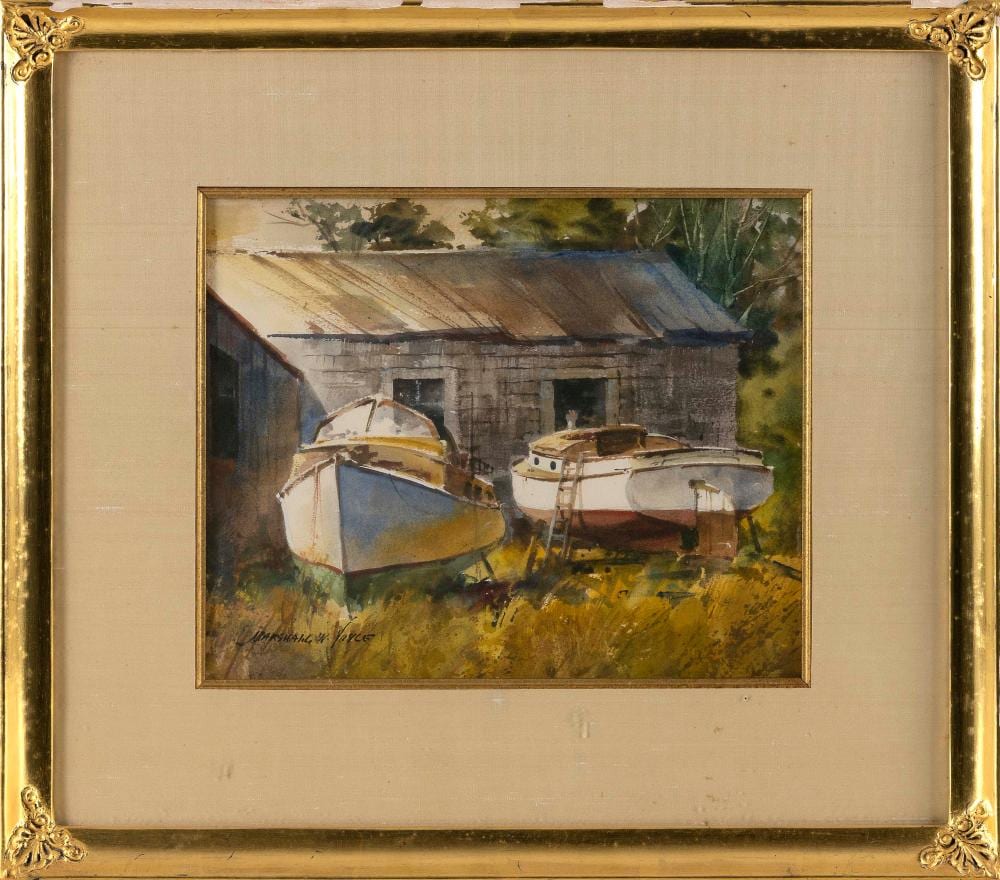 marshall woodside joyce massachusetts 1912 1998 weathered boats and boathouse watercolor on paper 9 5 x 12 framed 17 5 x 20 · Eldred's · 2024-07-11 Marshall Woodside Joyce comparable auction result: marshall woodside joyce massachusetts 1912 1998 weathered boats and boathouse watercolor on paper 9 5 x 12 framed 17 5 x 20