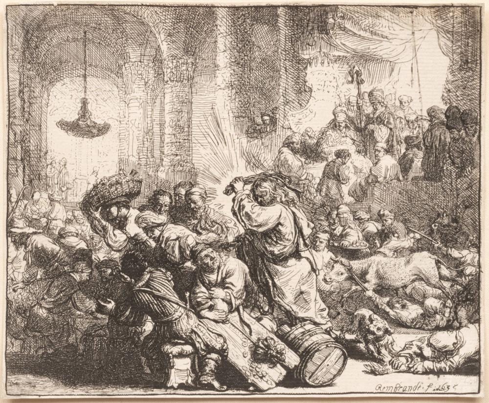 Etching print showing a crowded scene inside a temple, with a central man throwing money while people react and animals lie in the foreground.