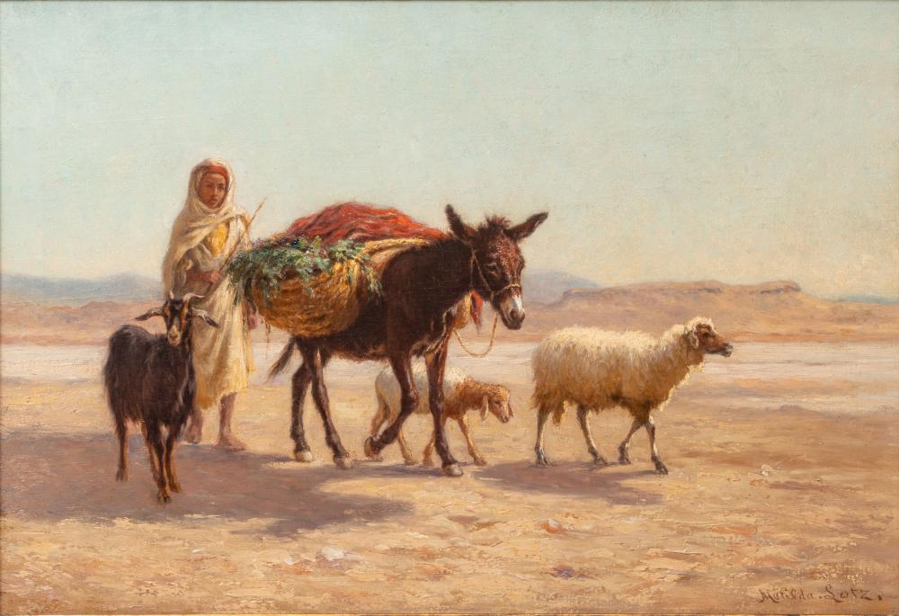 Painted scene of a woman in a headscarf walking beside three animals—a dark horse, a brown mule, and two light-colored dogs—in a barren landscape.