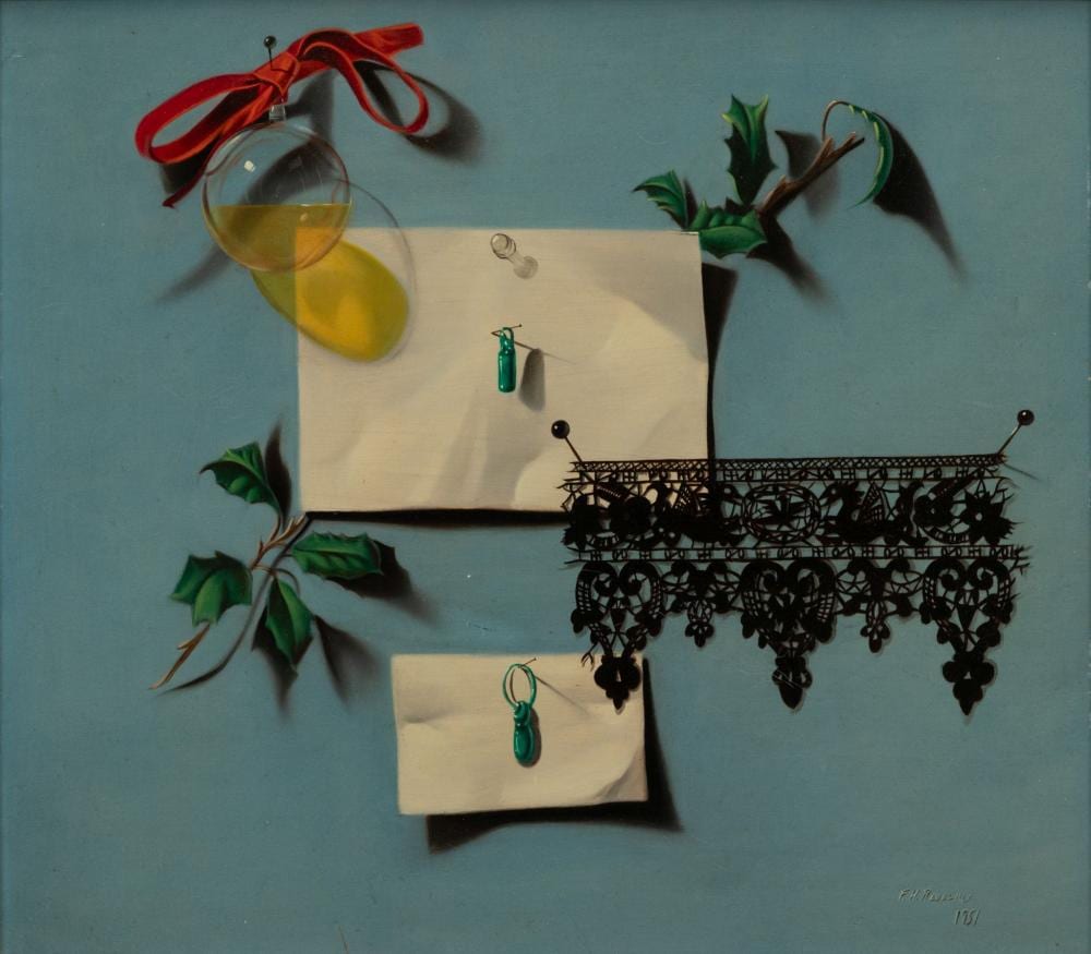 Franklin H. Redelius comparable auction result: frank harrison redelius american 1925 2011 oil on masonite 1951 black lace h 16 w 18