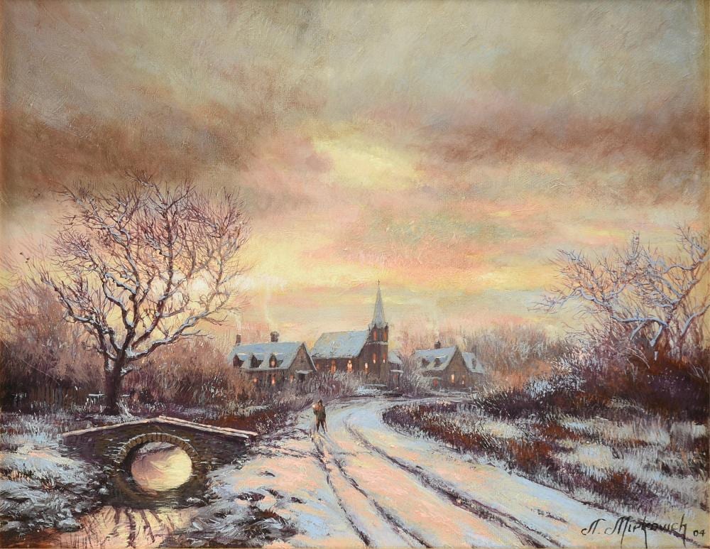 Nenad Mirkovich comparable auction result: nenad mirkovich serbian american b 1951 a painting winter sunset outside the village 2004
