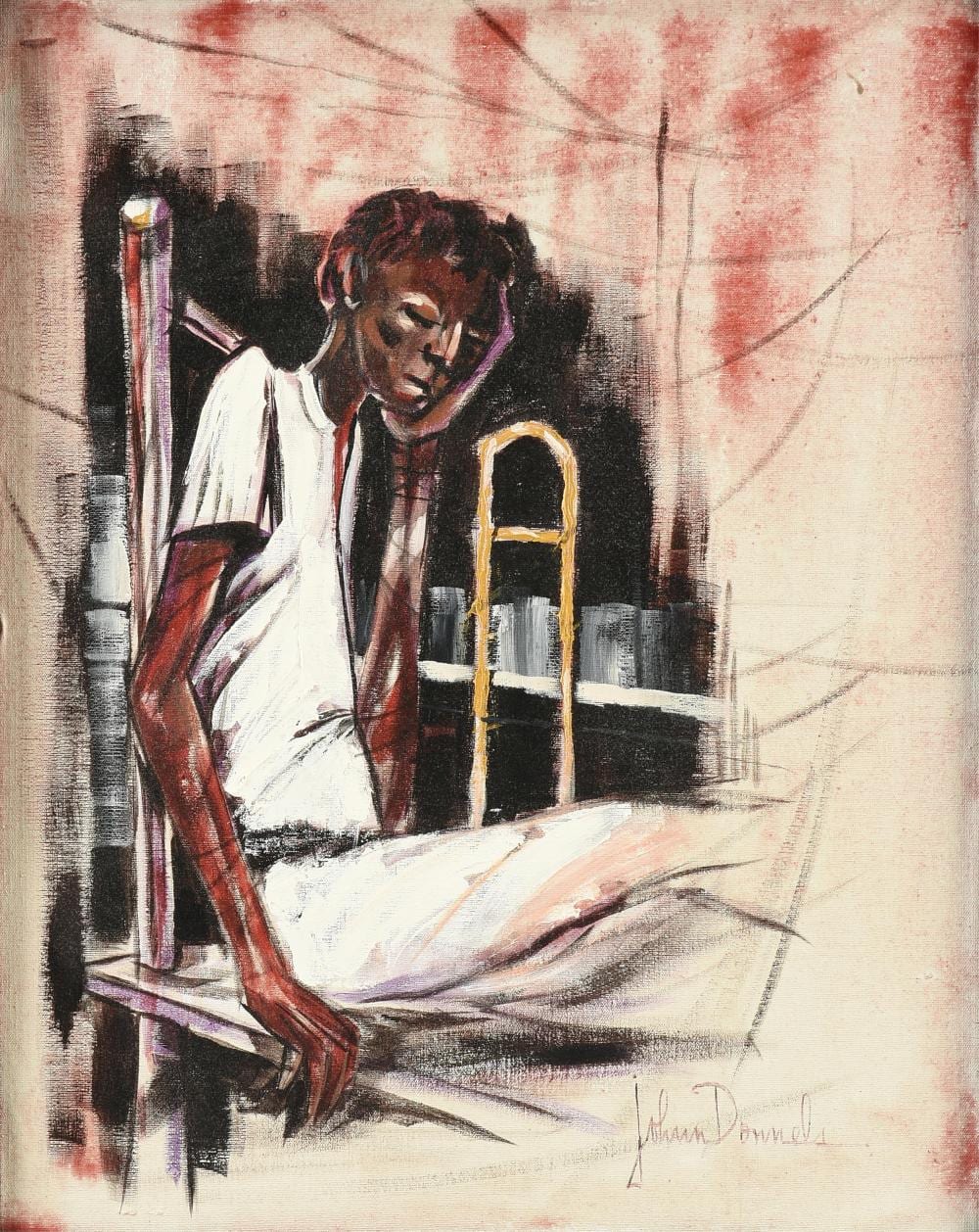 Johnny Donnels comparable auction result: johnny donnels american 1924 2009 a painting young man with a trombone 20th century