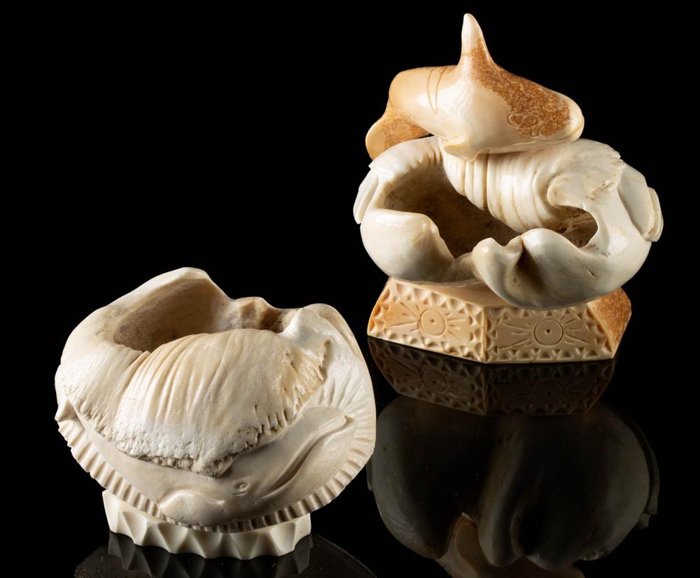 James Lee comparable auction result: 2 whale ear bone ivory statues of whales by james lee