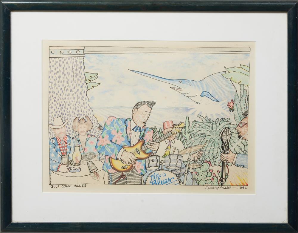 Bunny Matthews comparable auction result: bunny matthews american louisiana 1951 2021 gulf coast blues 1986 h 11 1 4 in w 15 1 2 in framed h 17 1 2 in w 22 in