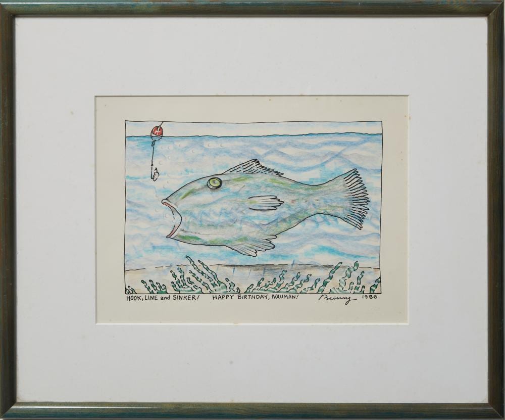 Bunny Matthews comparable auction result: bunny matthews american louisiana 1951 2021 hook line and sinker happy birthday nauman 1986 h 8 in w 10 in framed h 14 7 8 in w 17 7 8 in