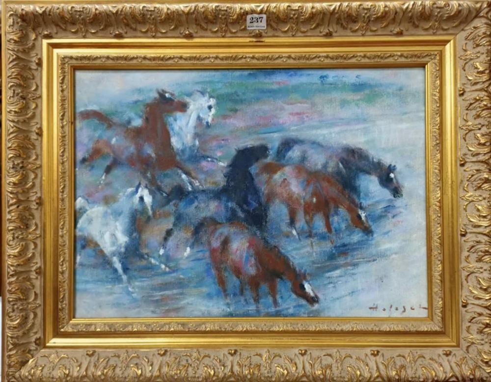 Denes De Holesch comparable auction result: gold framed group of horses oil on canvas 33cm x 45cm