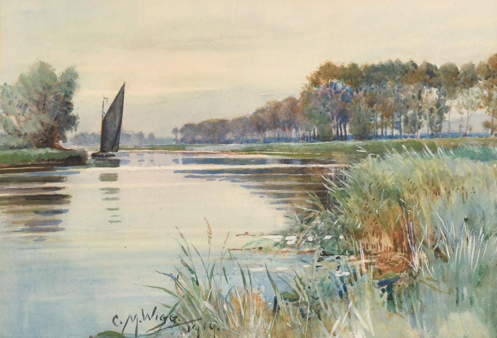 Charles Mayes Wigg comparable auction result: charles mayes wigg 1889 1969 a pair of watercolour scenes of boats on the broads each signed and dated 19