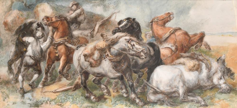 Harden S. Melville comparable auction result: harden sidney melville 1824 1894 frightened horses and their mounts gathered beneath a thunderstorm waterc