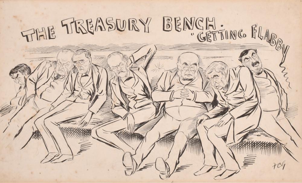 Francis Carruthers Gould comparable auction result: francis carruthers gould 1844 1925 the treasury bench getting flabby ink in paper signed with initials