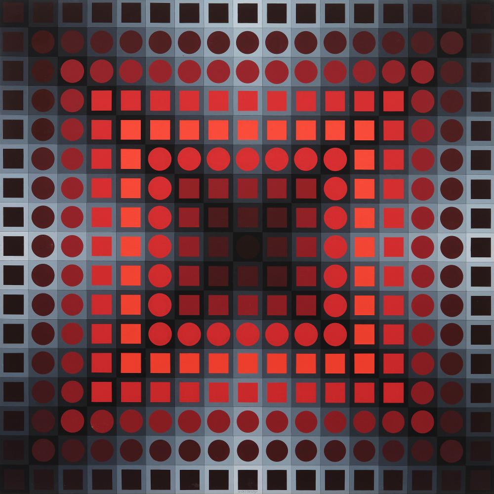 Square abstract painting with red circles and squares arranged in a dark geometric grid