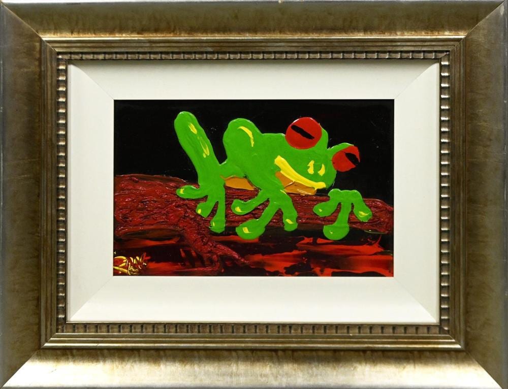 Dean Vella comparable auction result: dean vella lone tree frog acrylic and oil on board signed lower left 23 5 x 36cm frame size 52 x 64cm provenance private co