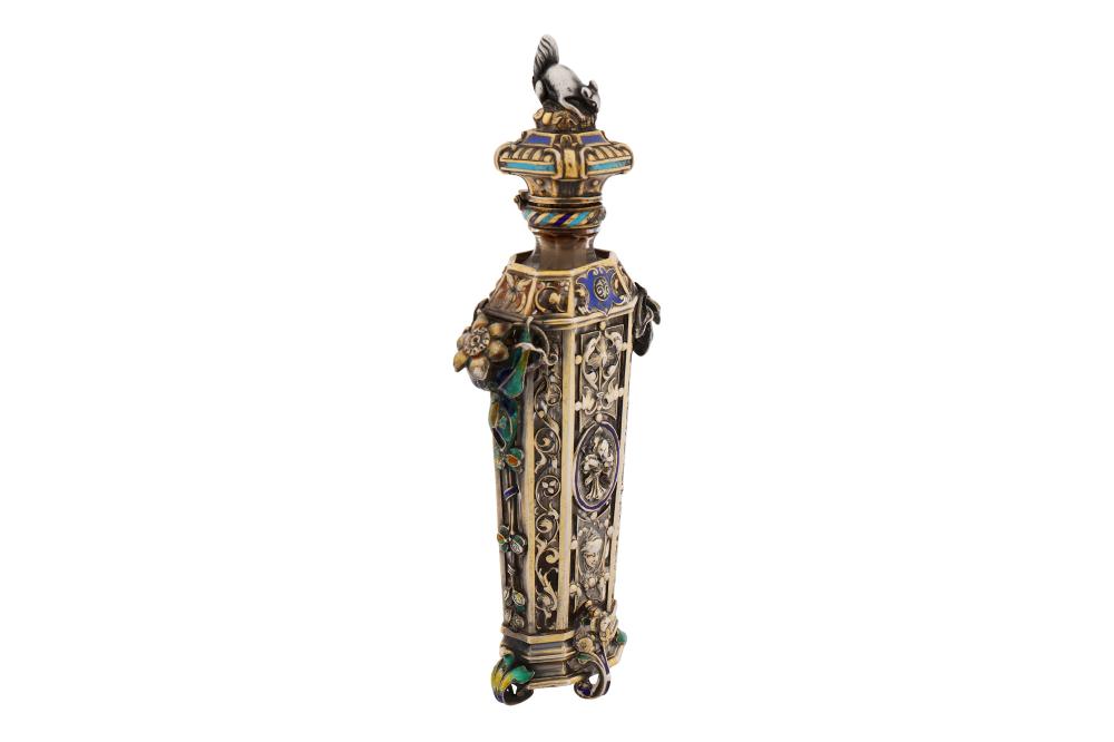A mid-19th century French silver cased and enamel scent bottle, Paris circa 1845 by Morel and Cie sold by Chiswick Auctions, lot 30 — auction record photograph